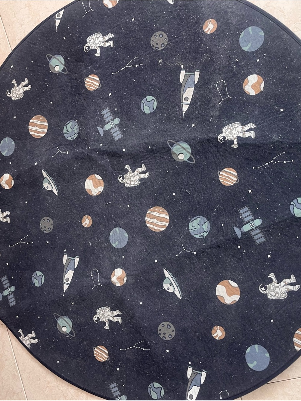 Space-Themed Round Play rug Mat in Navy and Earth Tones